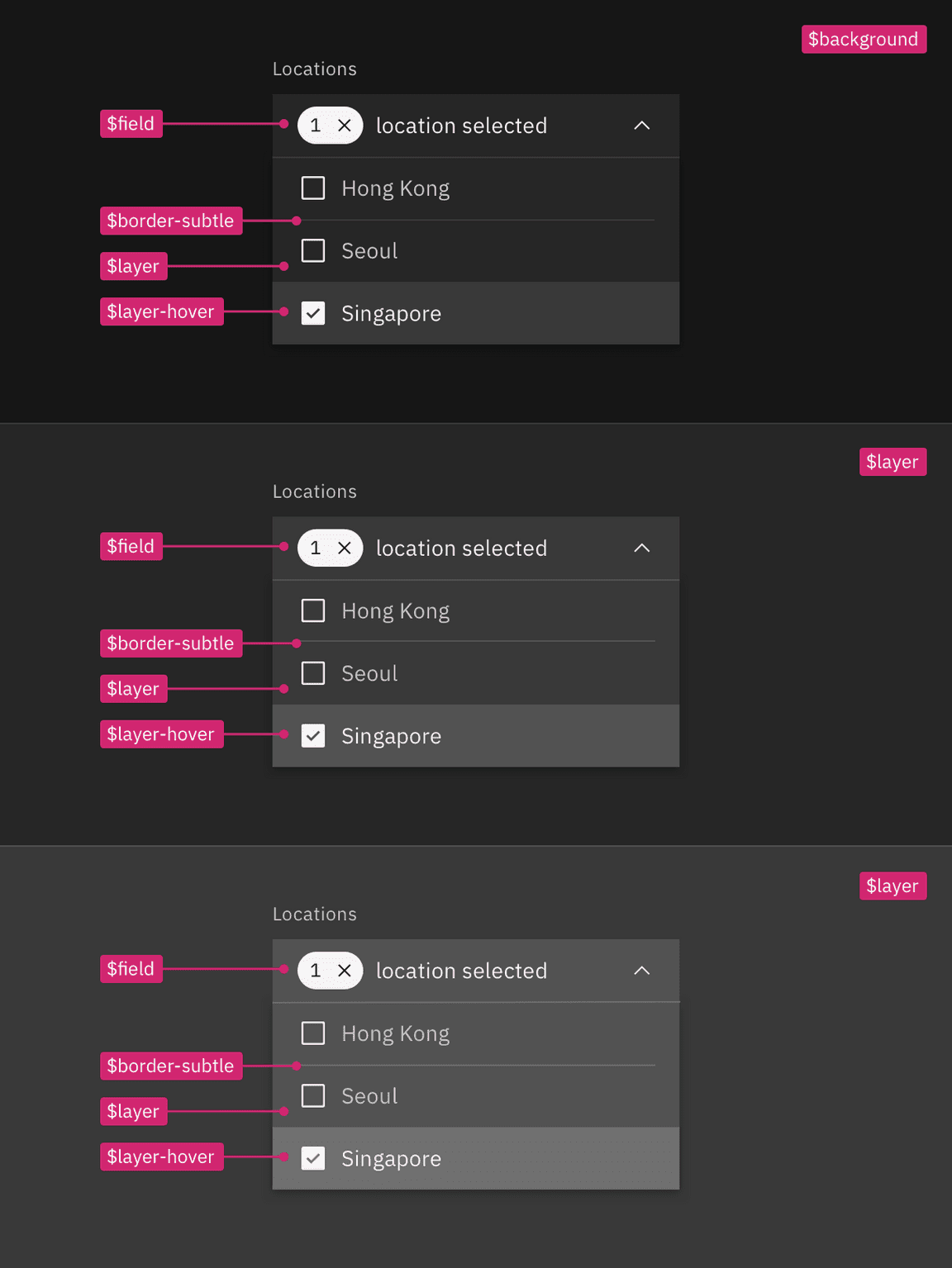 Layer set tokens applied to dropdown in the Gray 100 theme